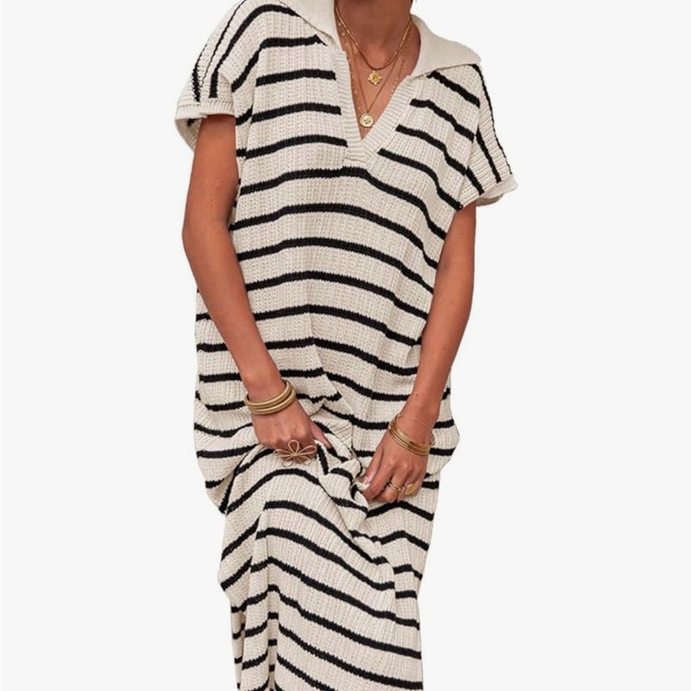 Womens Striped Summer Dress Short Sleeve VNeck Knit Collared Maxi Sweater Dress
